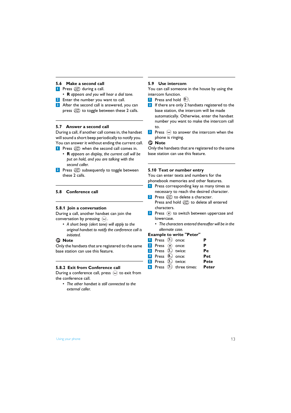 6 make a second call, 7 answer a second call, 8 conference call | 1 join a conversation, 2 exit from conference call, 9 use intercom, 10 text or number entry, Make a second call, Answer a second call, Conference call | Philips XL3402 User Manual | Page 15 / 32