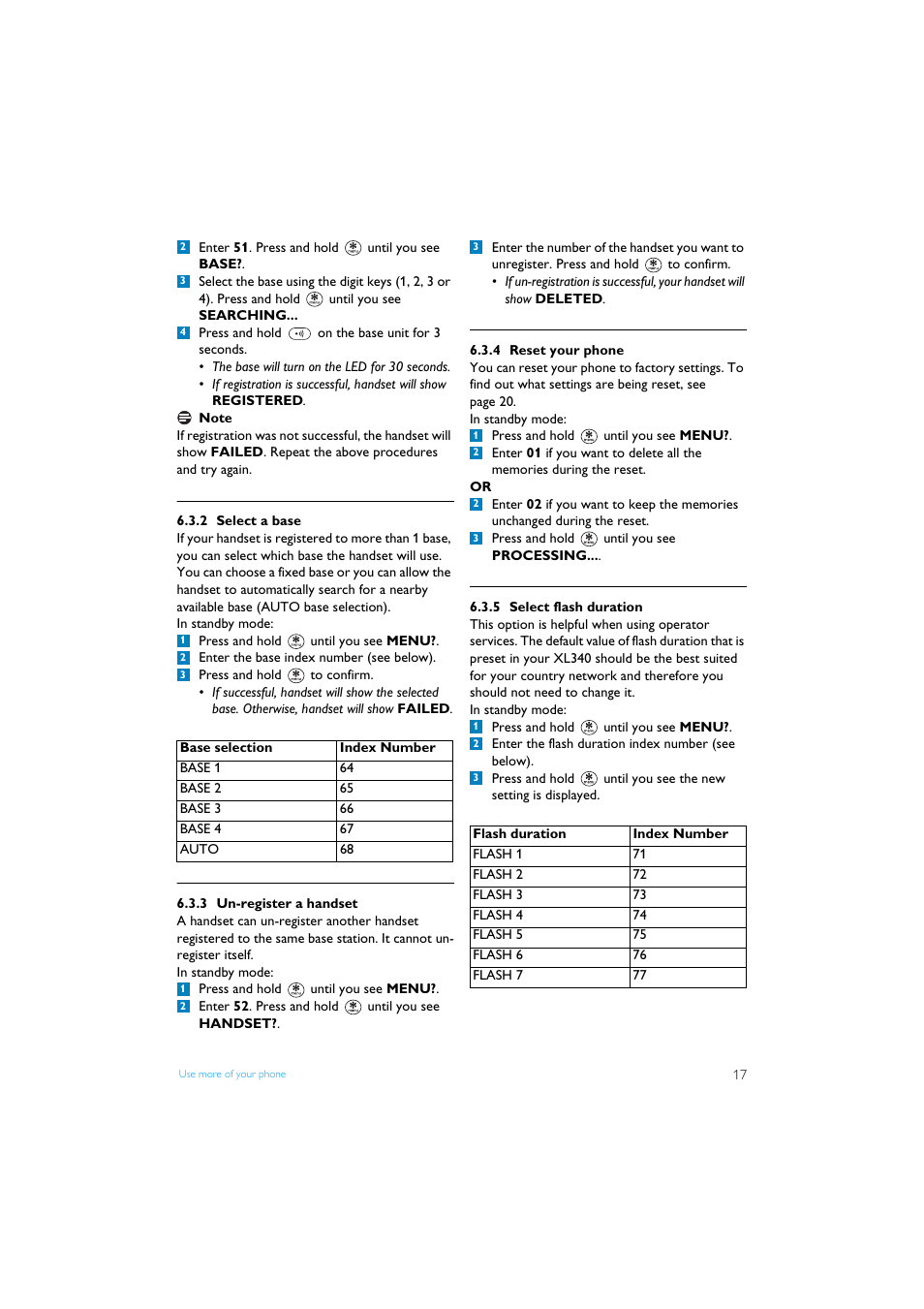 2 select a base, 3 un-register a handset, 4 reset your phone | 5 select flash duration | Philips XL3402 User Manual | Page 19 / 32