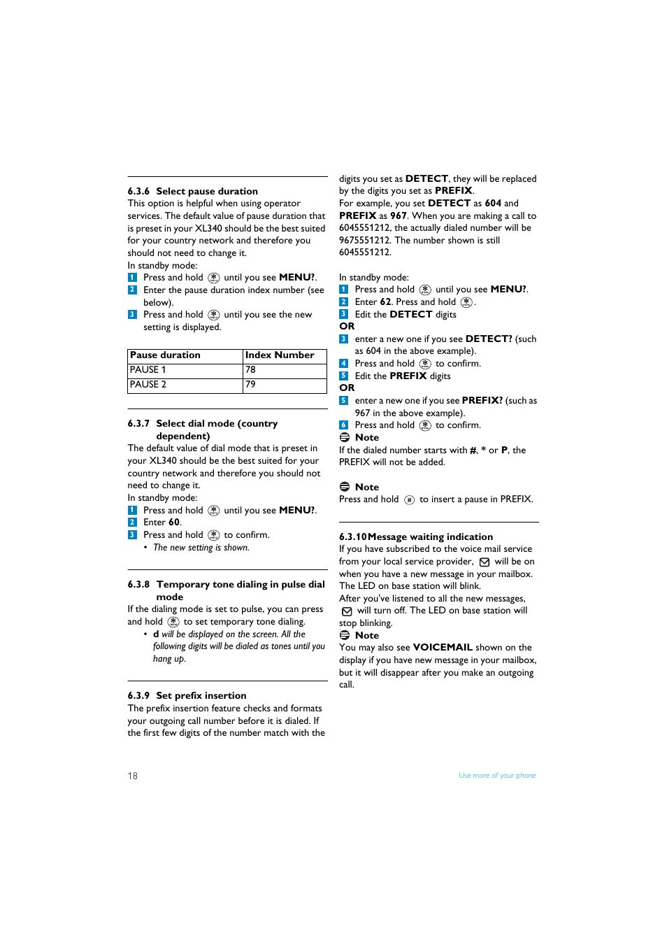 6 select pause duration, 7 select dial mode (country dependent), 8 temporary tone dialing in pulse dial mode | 9 set prefix insertion, 10 message waiting indication | Philips XL3402 User Manual | Page 20 / 32