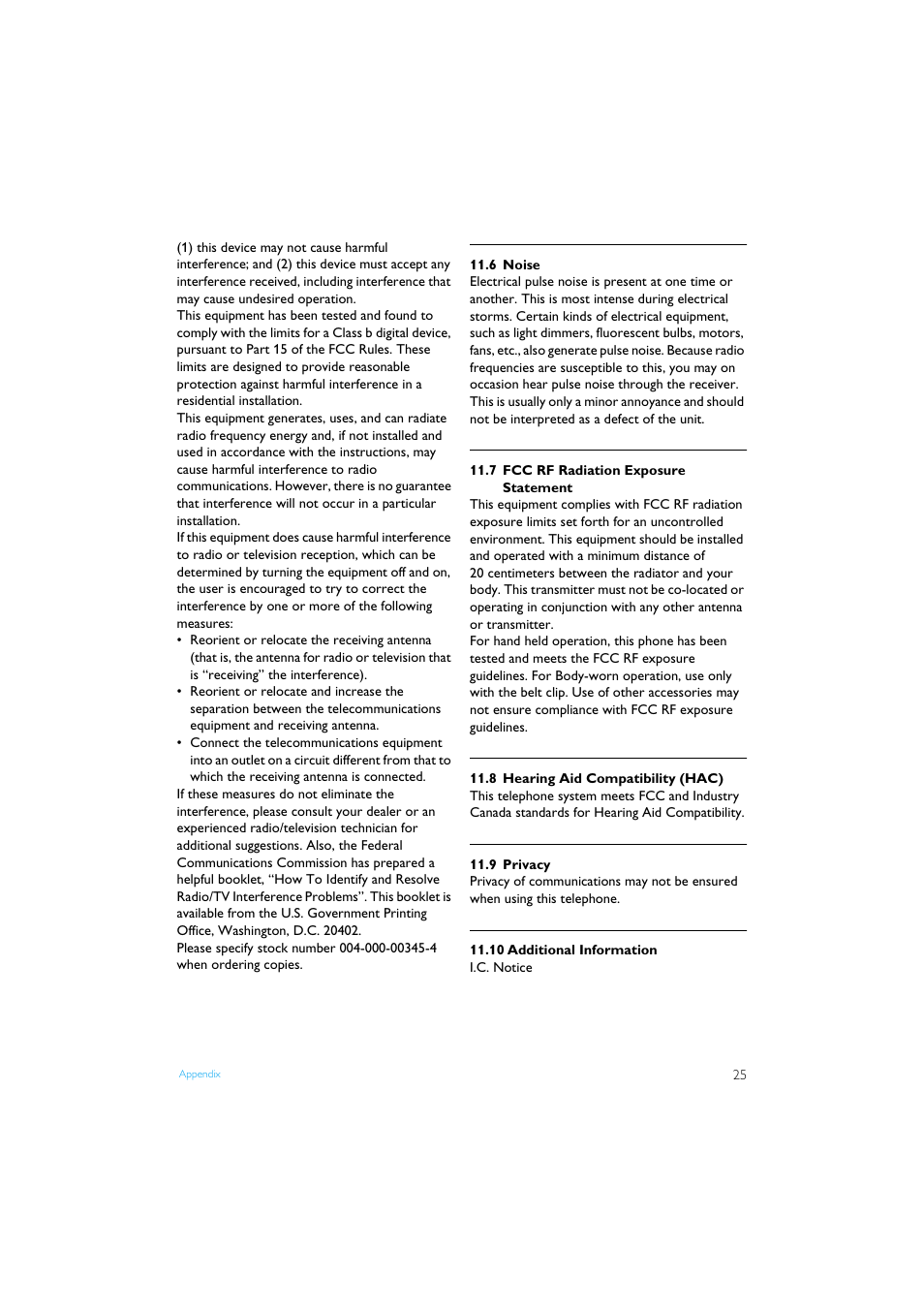 6 noise, 7 fcc rf radiation exposure statement, 8 hearing aid compatibility (hac) | 9 privacy, 10 additional information, 6 noise 25, 7 fcc rf radiation exposure statement 25, 9 privacy 25 | Philips XL3402 User Manual | Page 27 / 32
