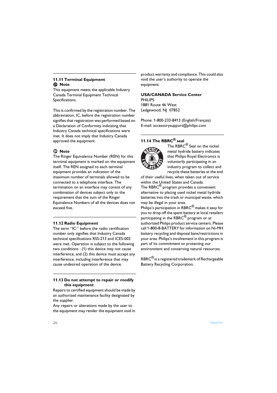 11 terminal equipment, 12 radio equipment, 14 the rbrc® seal | 13 do not attempt to repair or modify this, Equipment 26 | Philips XL3402 User Manual | Page 28 / 32