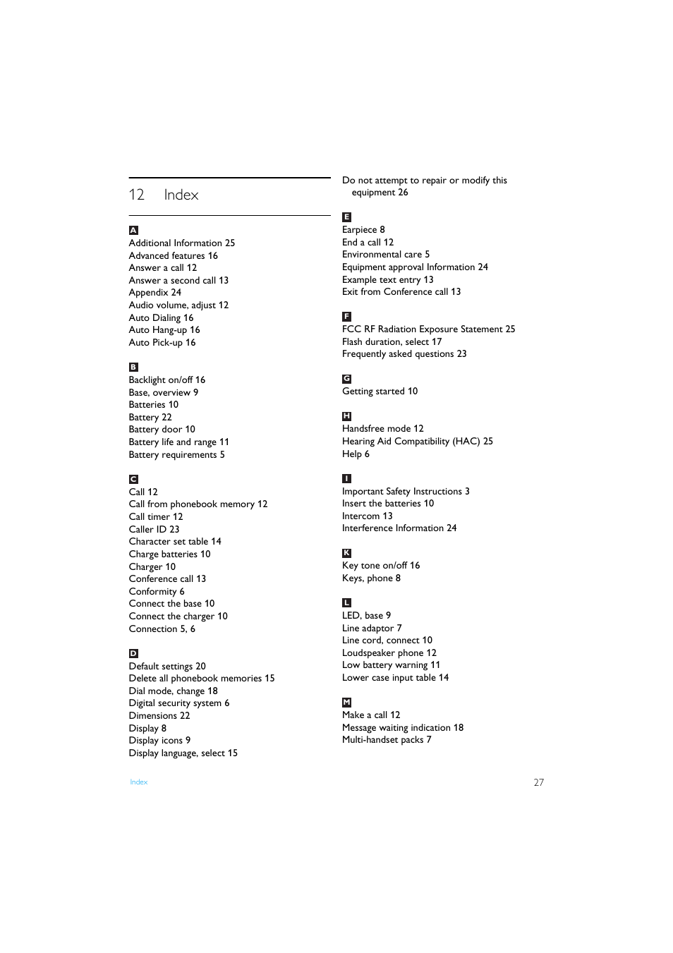 12 index, Index 27 | Philips XL3402 User Manual | Page 29 / 32