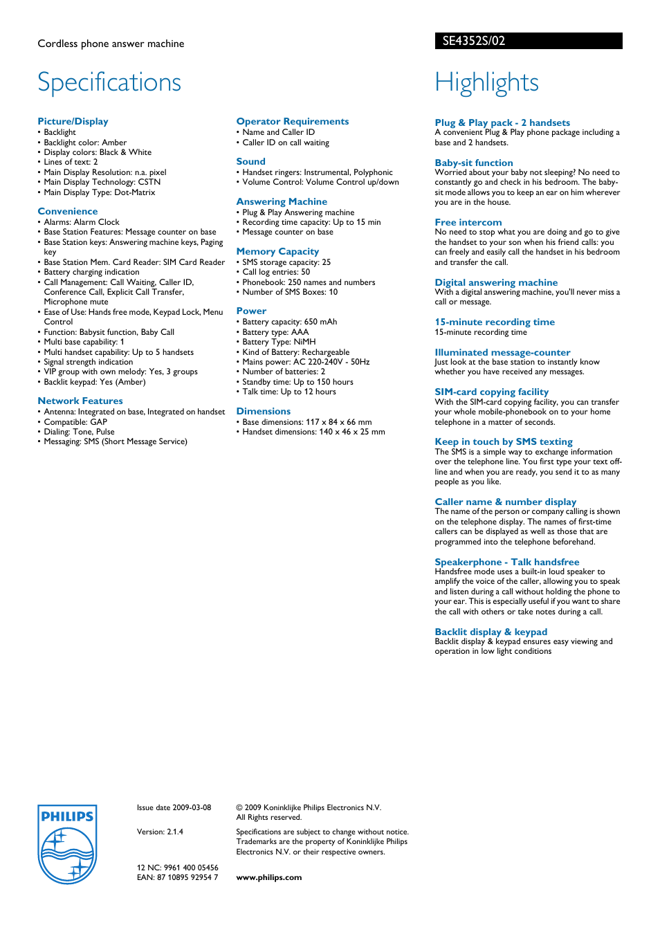 Specifications, Highlights | Philips SE4352S User Manual | Page 2 / 2