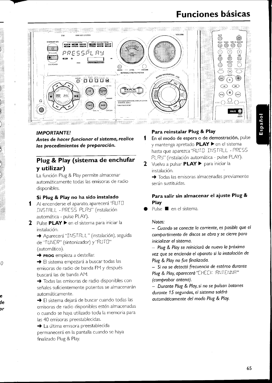 Plug & play (sistema de enchufar y utilizar), Funciones básicas, O@ e° t; o o” © © ü © o | 0ce) ce) | Philips FW-C500 User Manual | Page 124 / 161