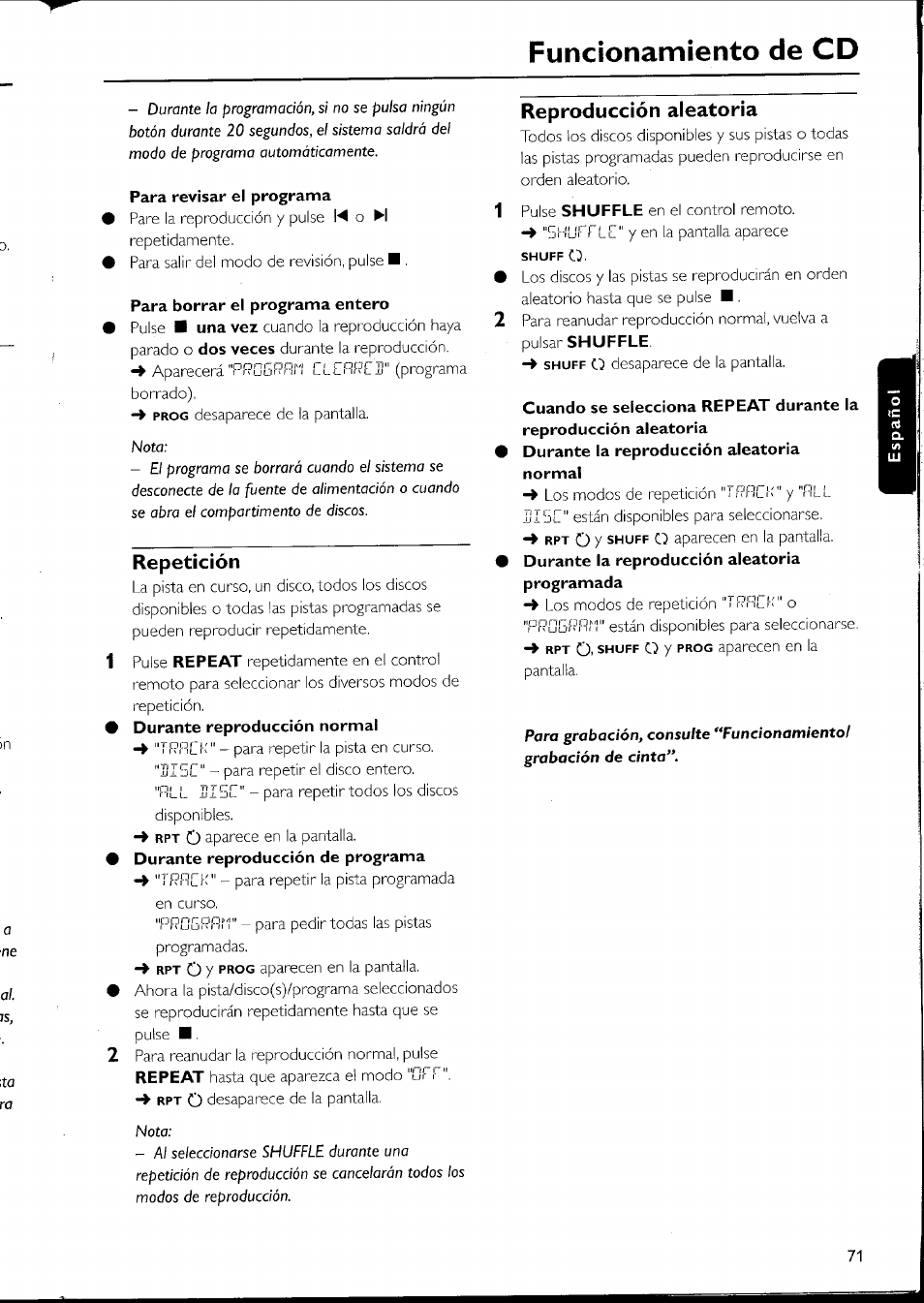 Repetición, Reproducción aleatoria, Funcionamiento de cd | Philips FW-C500 User Manual | Page 136 / 161