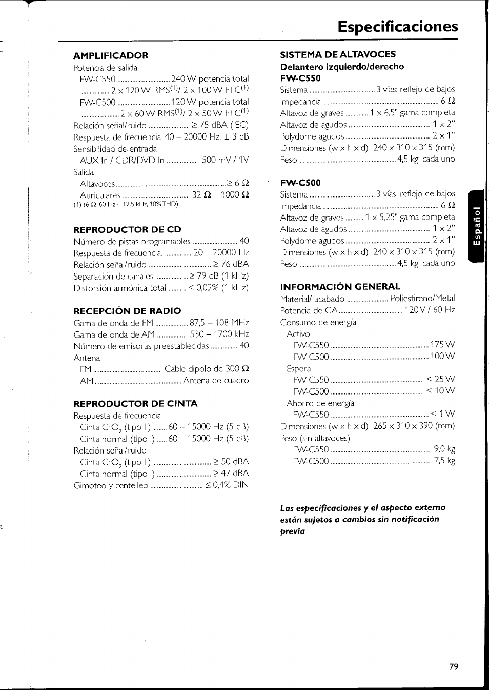 Especificaciones | Philips FW-C500 User Manual | Page 152 / 161