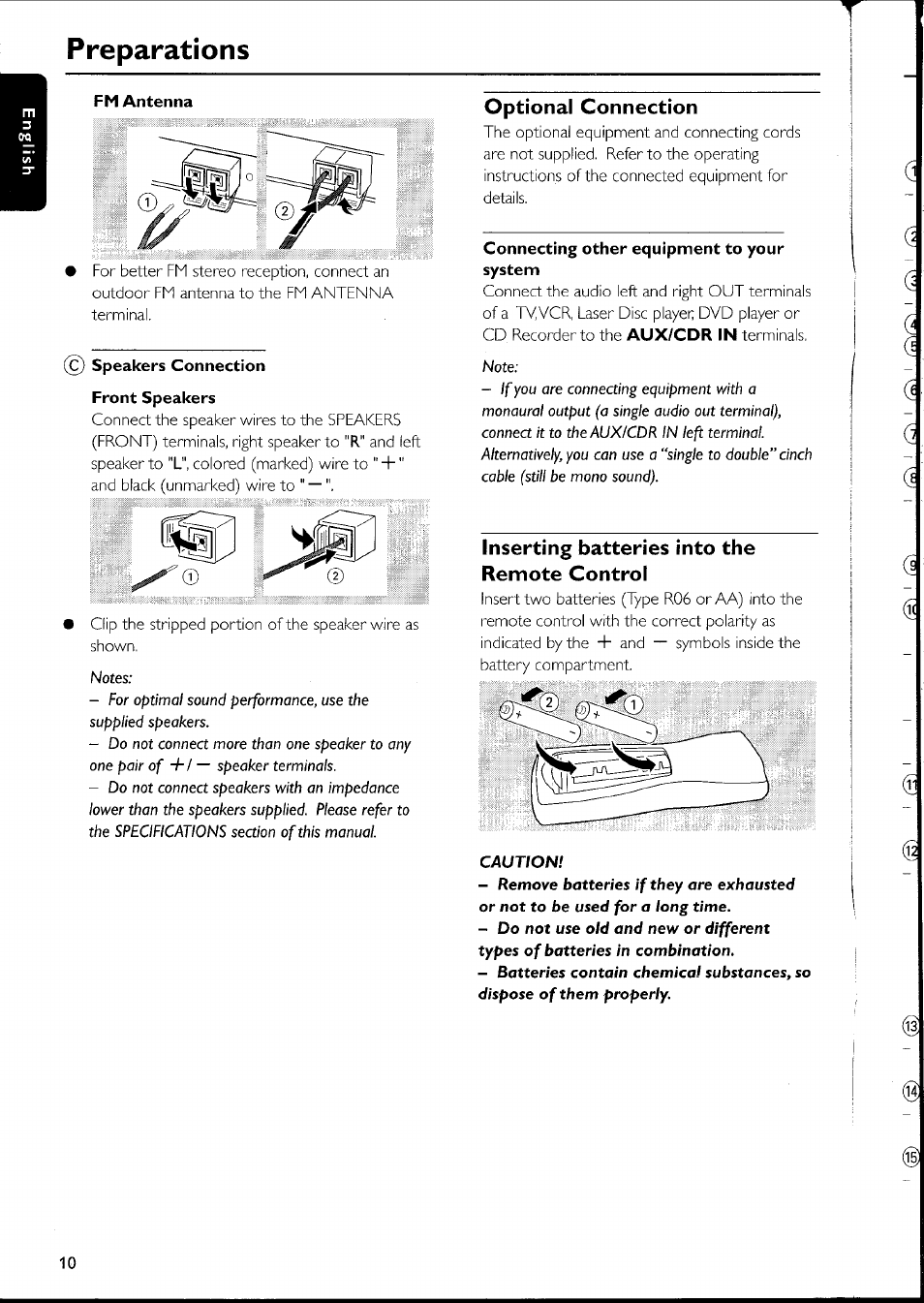 Preparations, Fm antenna, Speakers connection | Optional connection, Connecting other equipment to your system, Inserting batteries into the remote control | Philips FW-C500 User Manual | Page 21 / 161