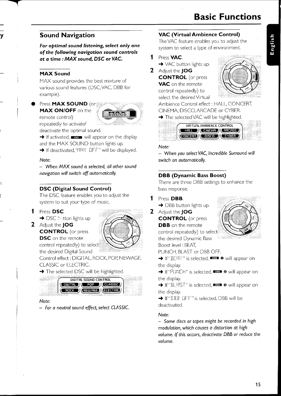 Sound navigation, Max sound, Dsc (digital sound control) | Vac (virtual ambience control), Dbb (dynamic bass boost), Basic functions | Philips FW-C500 User Manual | Page 31 / 161