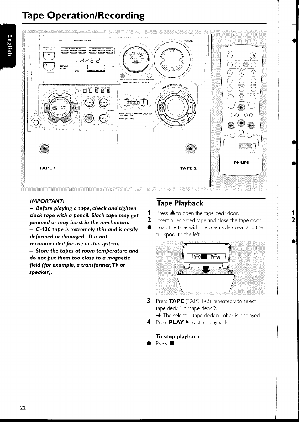 Tape playback, Tape playback -23, Tape operation/recording | Tape playback 1 | Philips FW-C500 User Manual | Page 44 / 161