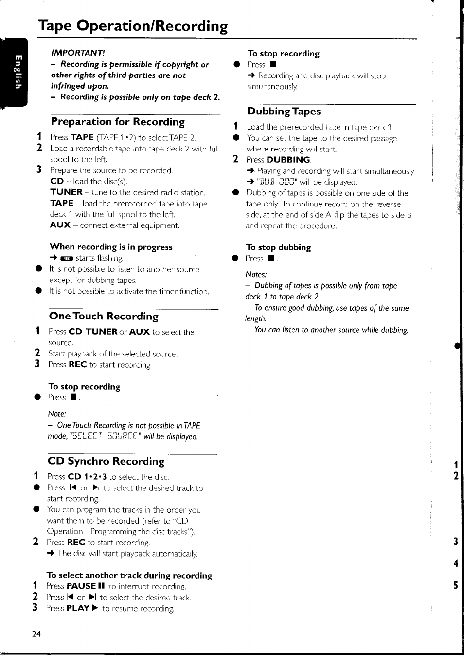 Preparation for recording, One touch recording, Dubbing tapes | Cd synchro recording, Tape operation/recording | Philips FW-C500 User Manual | Page 46 / 161