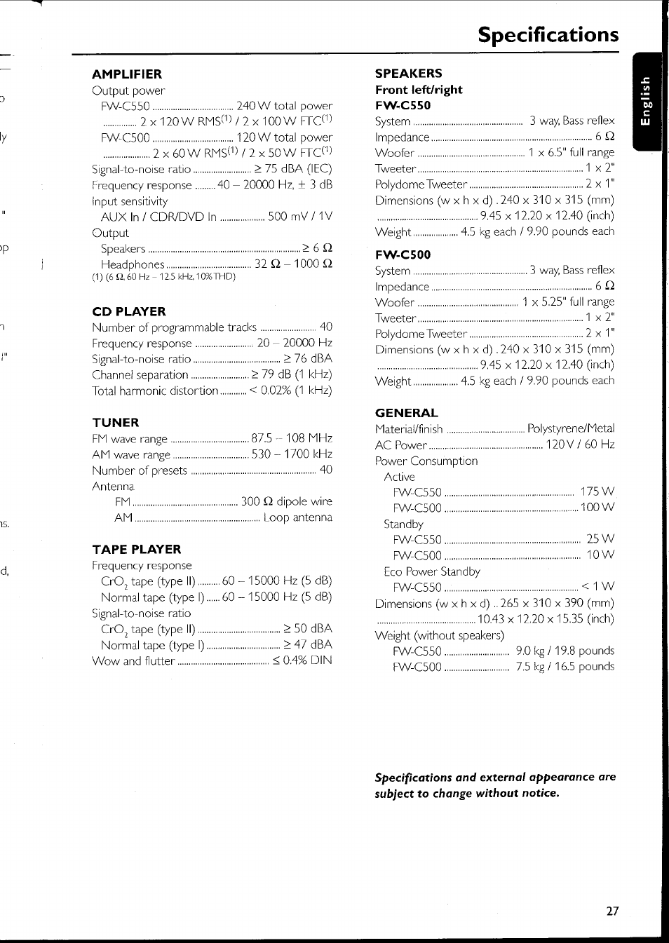 Specifications | Philips FW-C500 User Manual | Page 52 / 161