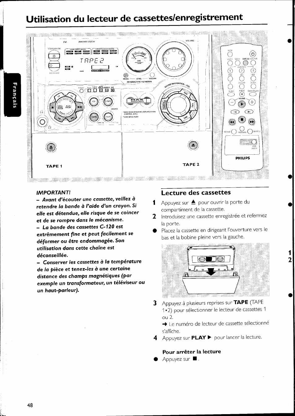 Lecture des cassettes, Lecture des cassettes ^9, Utilisation du lecteur de cassettes/enregistrement | Lecture des cassettes 1 | Philips FW-C500 User Manual | Page 94 / 161