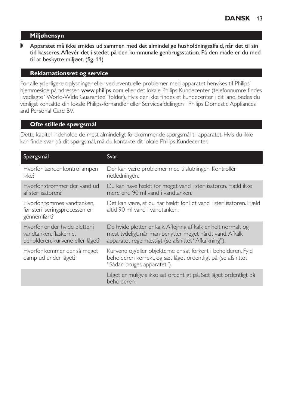Miljøhensyn, Reklamationsret og service, Ofte stillede spørgsmål | Philips STERILISER SCF225 User Manual | Page 13 / 64