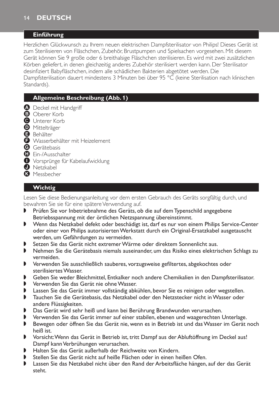 Deutsch, Einführung, Allgemeine beschreibung﻿ (abb. 1) | Wichtig | Philips STERILISER SCF225 User Manual | Page 14 / 64