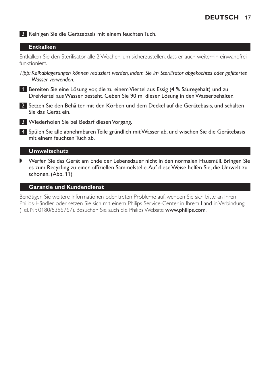 Entkalken, Umweltschutz, Garantie und kundendienst | Häufig gestellte fragen | Philips STERILISER SCF225 User Manual | Page 17 / 64