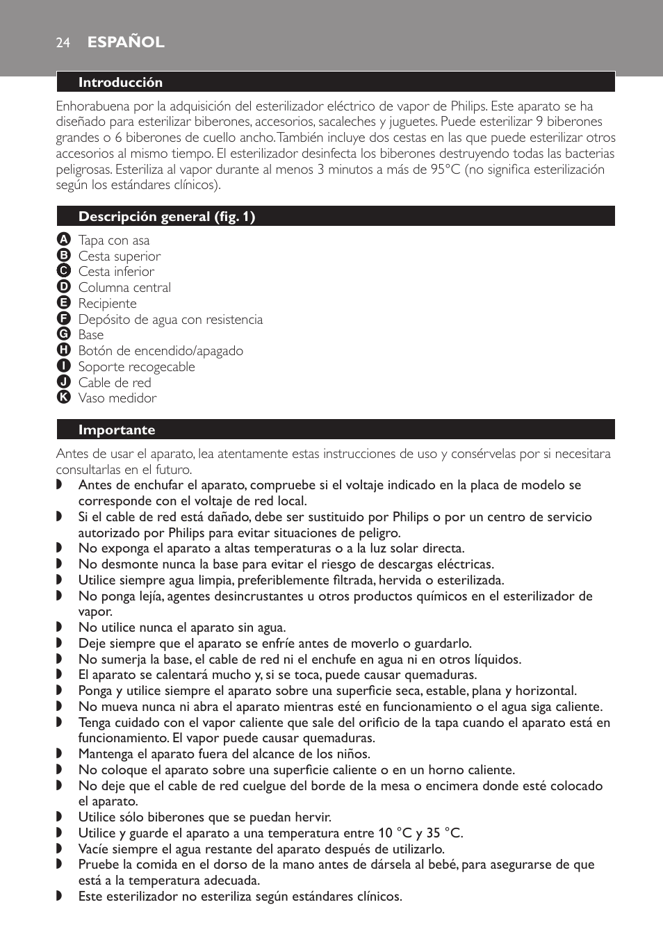 Español, Introducción, Descripción general﻿ (fig. 1) | Importante | Philips STERILISER SCF225 User Manual | Page 24 / 64