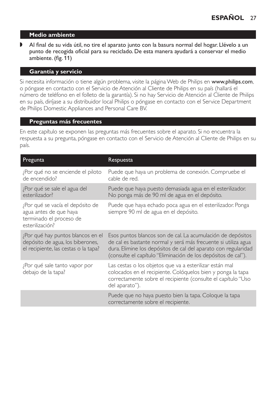 Medio ambiente, Garantía y servicio, Preguntas más frecuentes | Philips STERILISER SCF225 User Manual | Page 27 / 64
