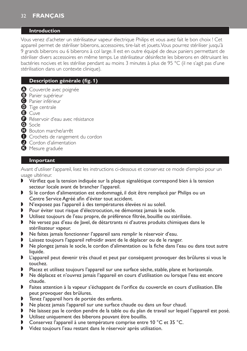 Français, Introduction, Description générale﻿ (fig. 1) | Important | Philips STERILISER SCF225 User Manual | Page 32 / 64