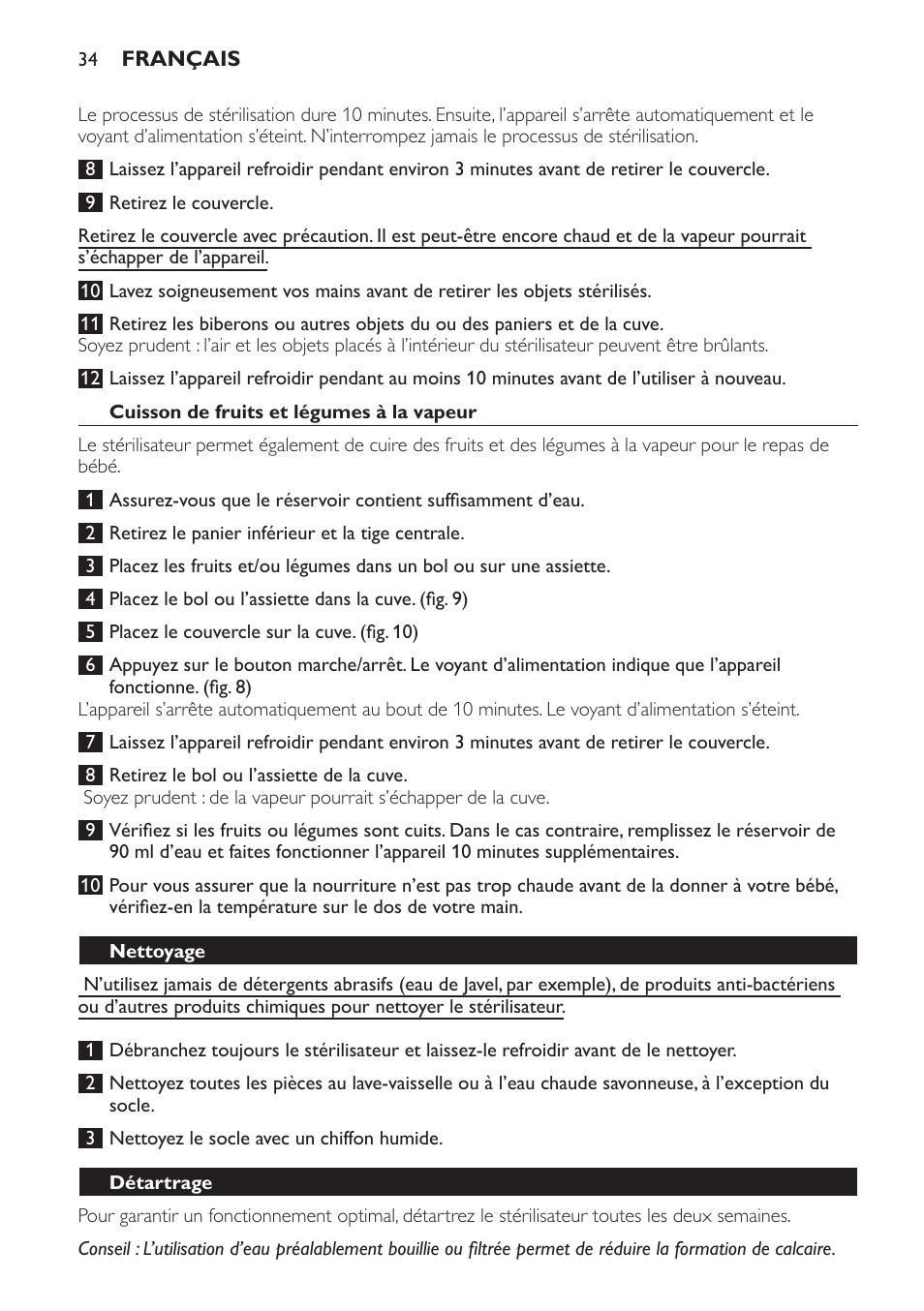 Cuisson de fruits et légumes à la vapeur, Nettoyage, Détartrage | Philips STERILISER SCF225 User Manual | Page 34 / 64