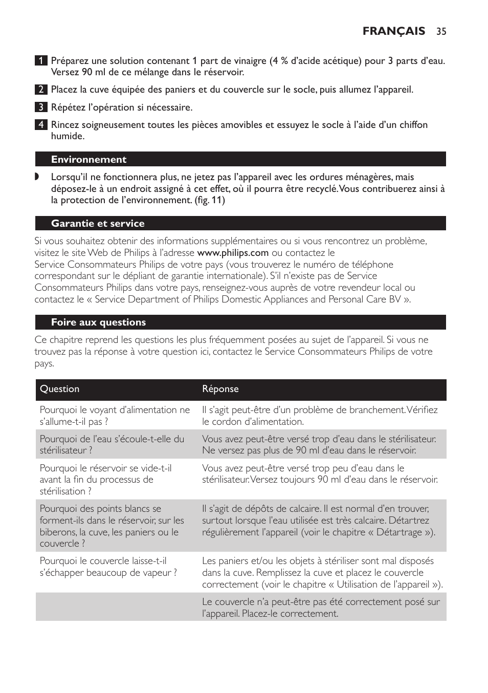 Environnement, Garantie et service, Foire aux questions | Philips STERILISER SCF225 User Manual | Page 35 / 64