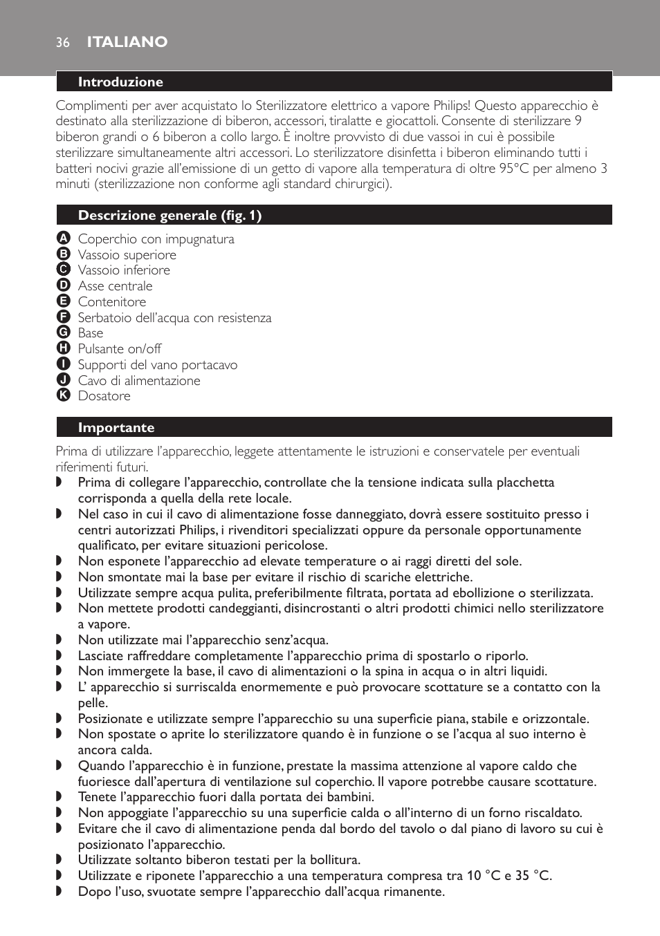 Italiano, Introduzione, Descrizione generale﻿ (fig. 1) | Importante | Philips STERILISER SCF225 User Manual | Page 36 / 64