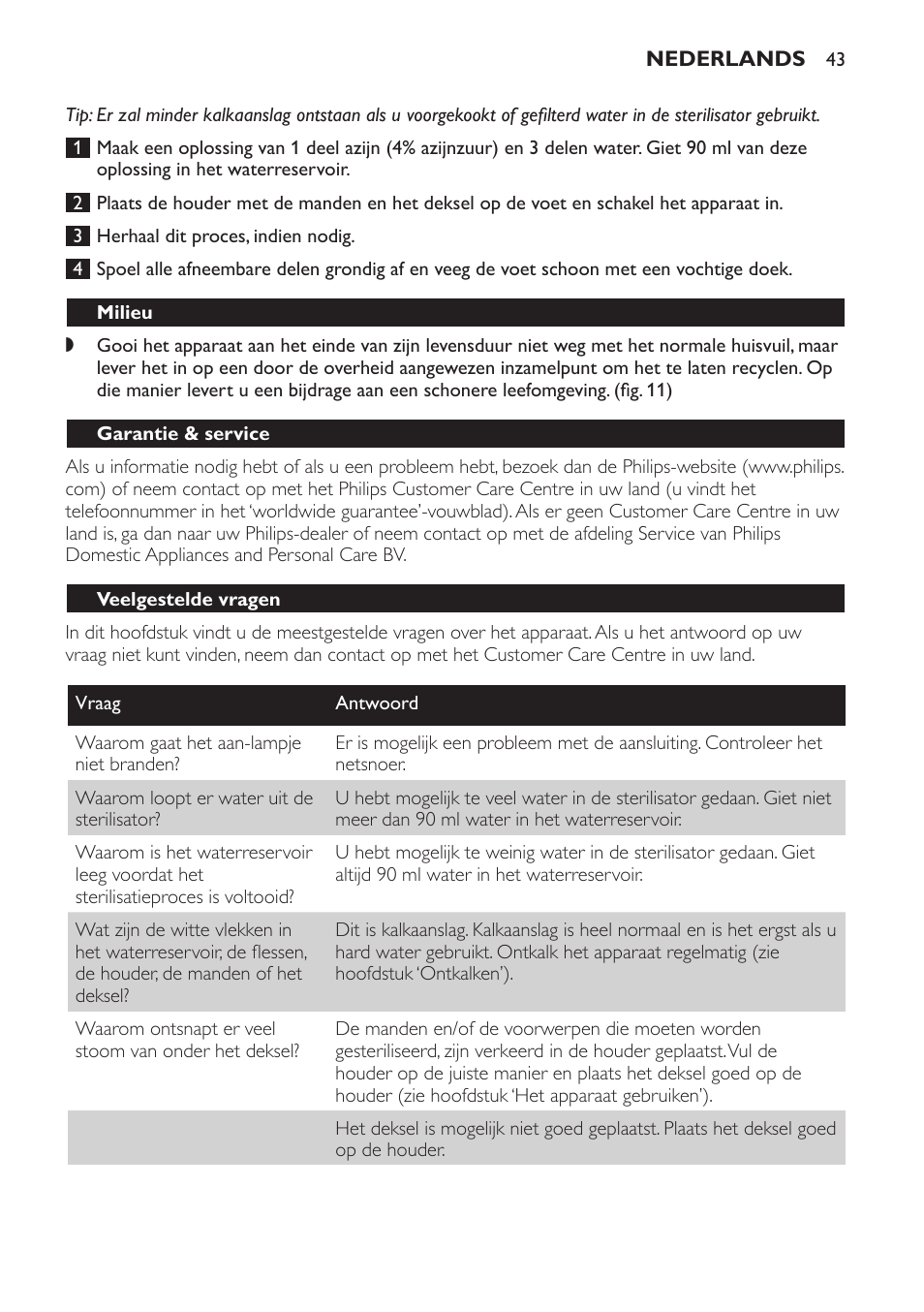 Milieu, Garantie & service, Veelgestelde vragen | Philips STERILISER SCF225 User Manual | Page 43 / 64