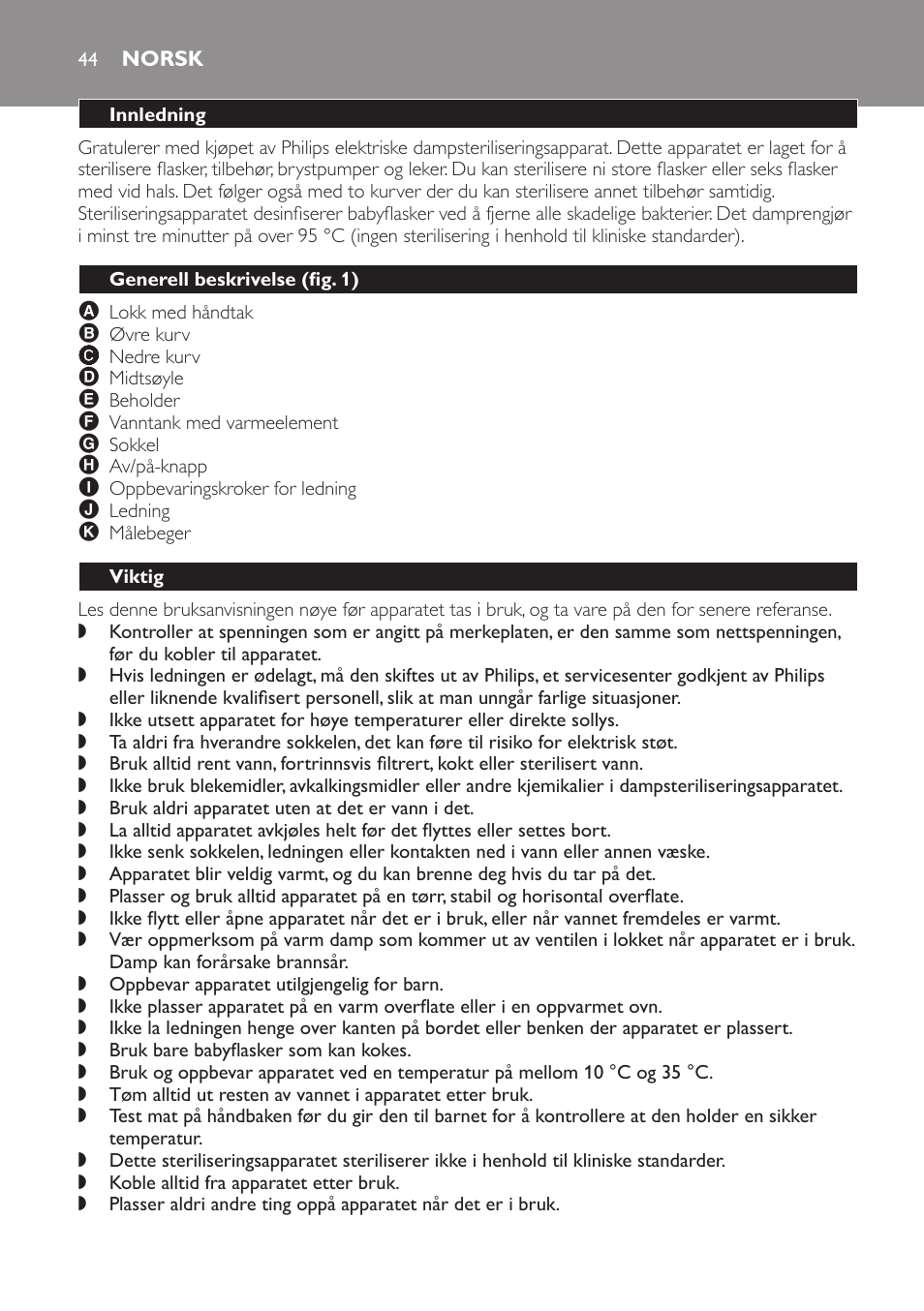 Norsk, Innledning, Generell beskrivelse﻿ (fig. 1) | Viktig | Philips STERILISER SCF225 User Manual | Page 44 / 64