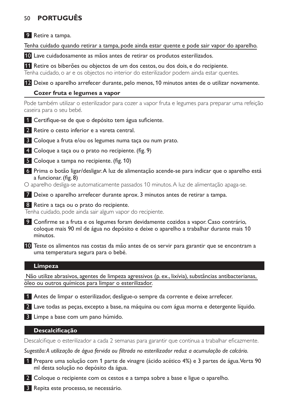 Cozer fruta e legumes a vapor, Limpeza, Descalcificação | Philips STERILISER SCF225 User Manual | Page 50 / 64