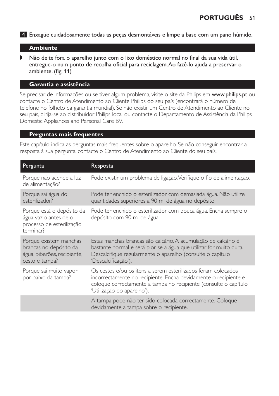 Ambiente, Garantia e assistência, Perguntas mais frequentes | Philips STERILISER SCF225 User Manual | Page 51 / 64