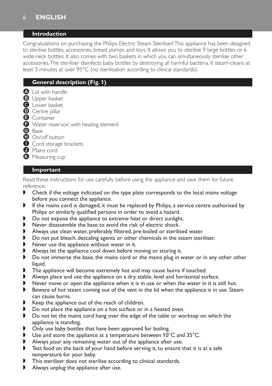 English, Introduction, General description﻿ (fig. 1) | Important | Philips STERILISER SCF225 User Manual | Page 6 / 64