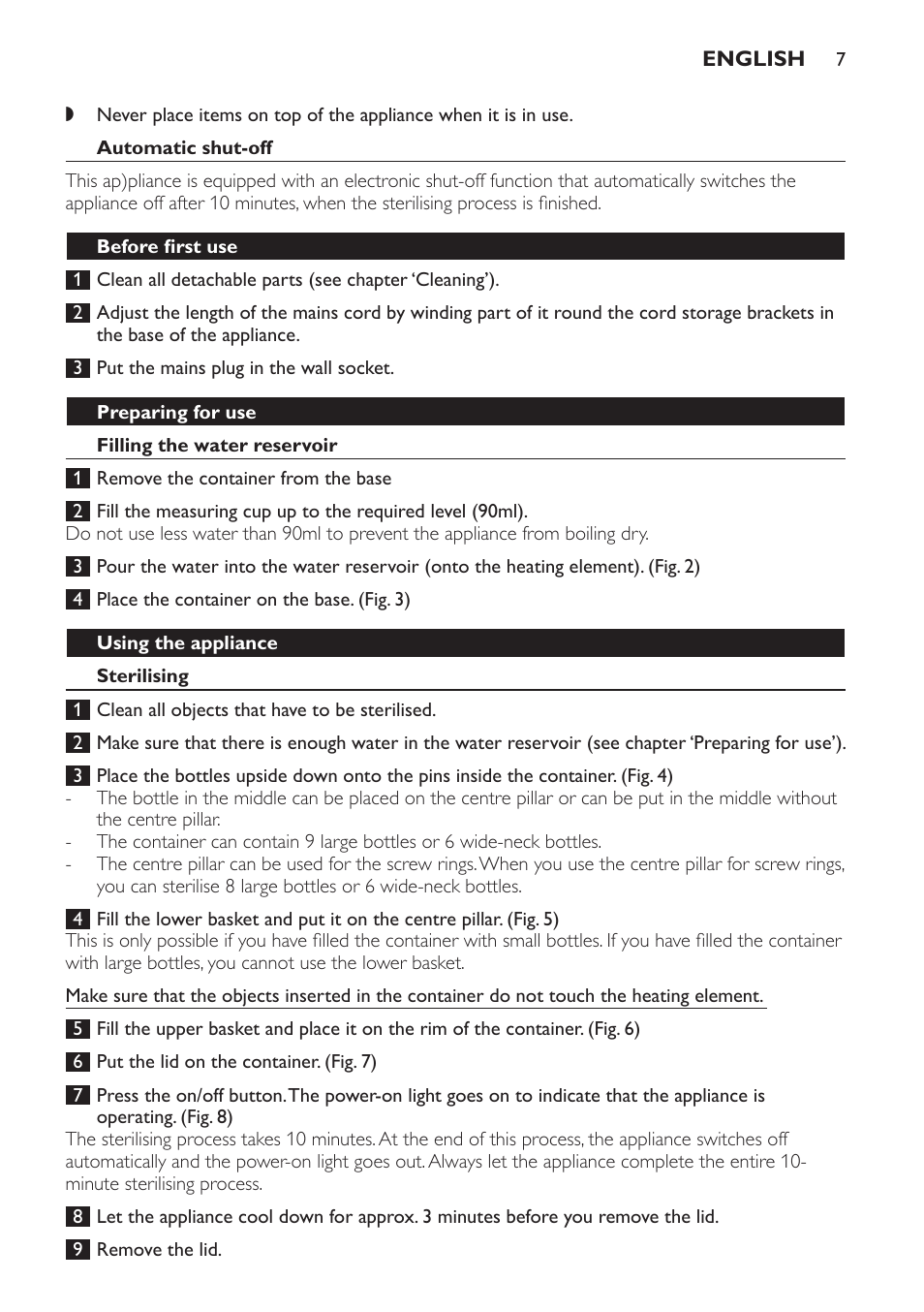 Automatic shut-off, Before first use, Preparing for use | Filling the water reservoir, Using the appliance, Sterilising | Philips STERILISER SCF225 User Manual | Page 7 / 64