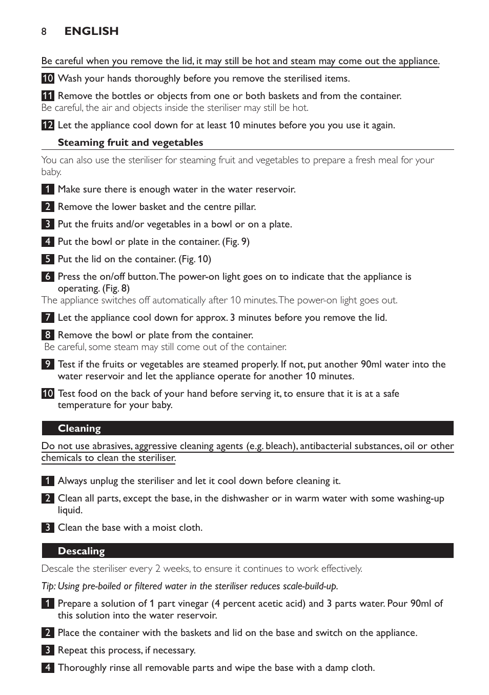 Steaming fruit and vegetables, Cleaning, Descaling | Philips STERILISER SCF225 User Manual | Page 8 / 64