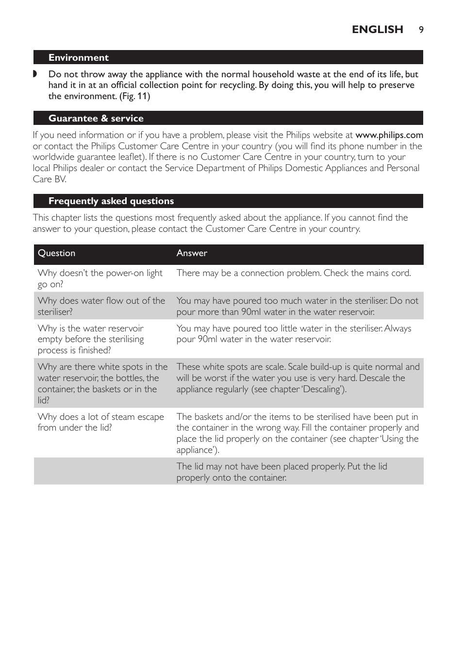 Environment, Guarantee & service, Frequently asked questions | Philips STERILISER SCF225 User Manual | Page 9 / 64