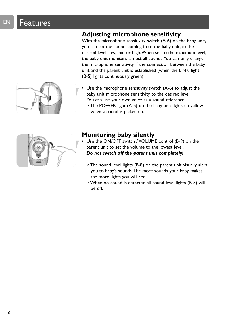 Features, Adjusting microphone sensitivity, Monitoring baby silently | Philips SBCSC465 User Manual | Page 10 / 173