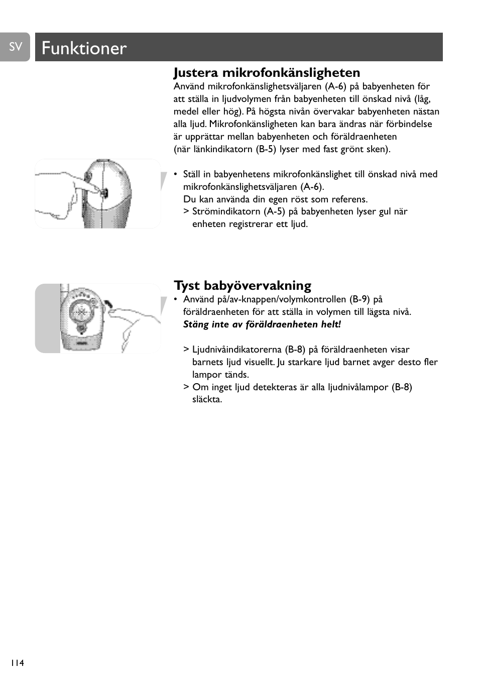 Funktioner, Justera mikrofonkänsligheten, Tyst babyövervakning | Philips SBCSC465 User Manual | Page 114 / 173