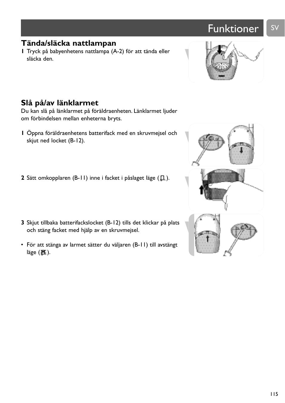 Funktioner, Tända/släcka nattlampan, Slå på/av länklarmet | Philips SBCSC465 User Manual | Page 115 / 173