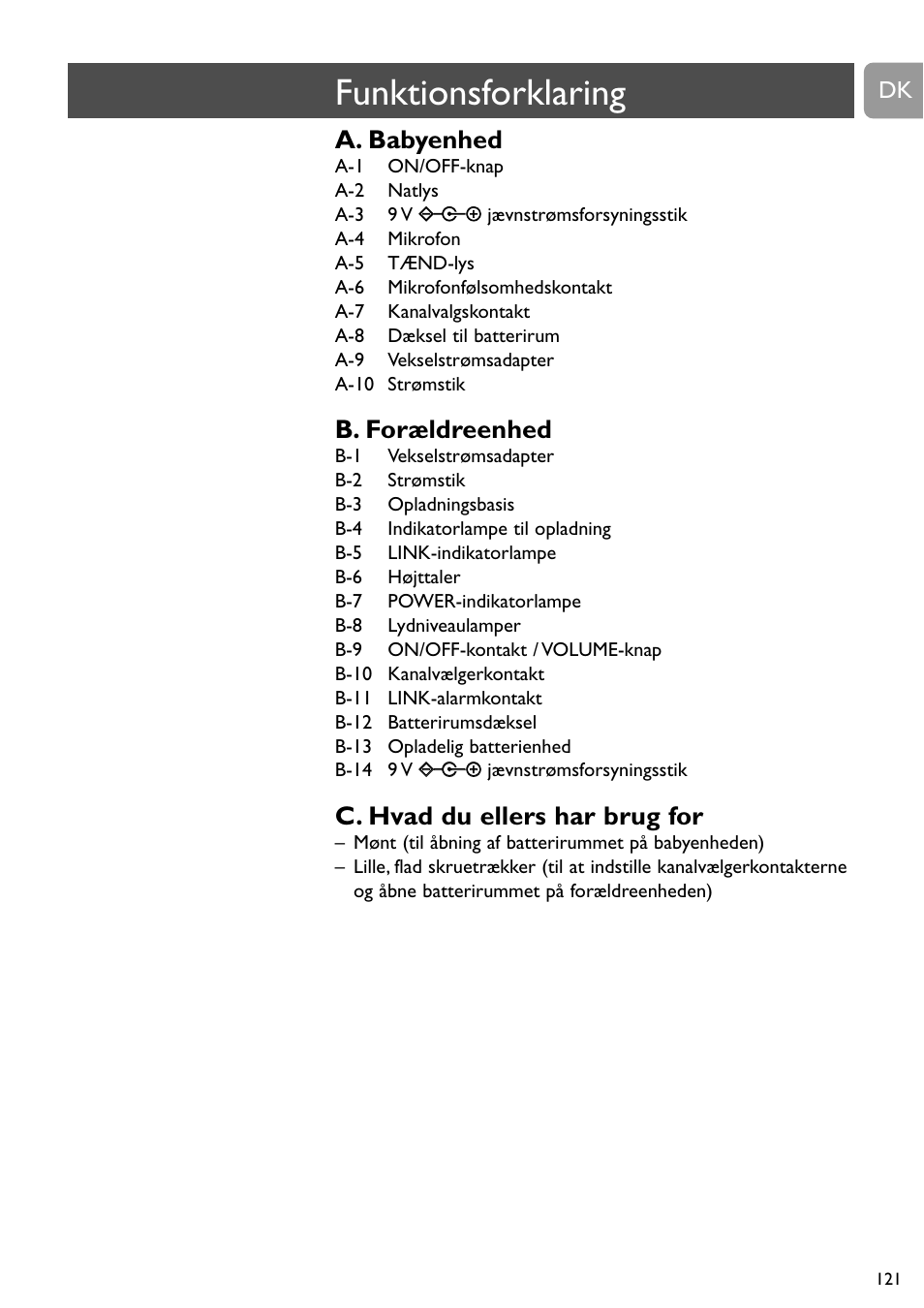 Funktionsforklaring, A. babyenhed, B. forældreenhed | C. hvad du ellers har brug for | Philips SBCSC465 User Manual | Page 121 / 173