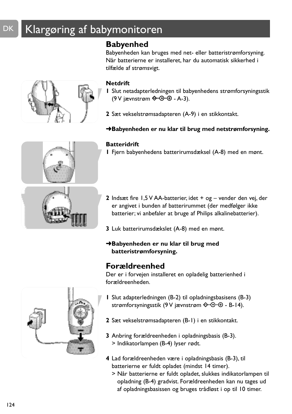 Klargøring af babymonitoren, Babyenhed, Forældreenhed | Philips SBCSC465 User Manual | Page 124 / 173