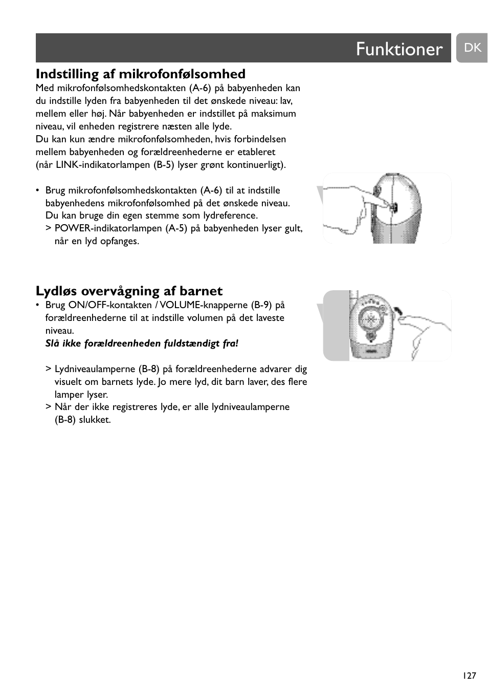 Funktioner, Indstilling af mikrofonfølsomhed, Lydløs overvågning af barnet | Philips SBCSC465 User Manual | Page 127 / 173