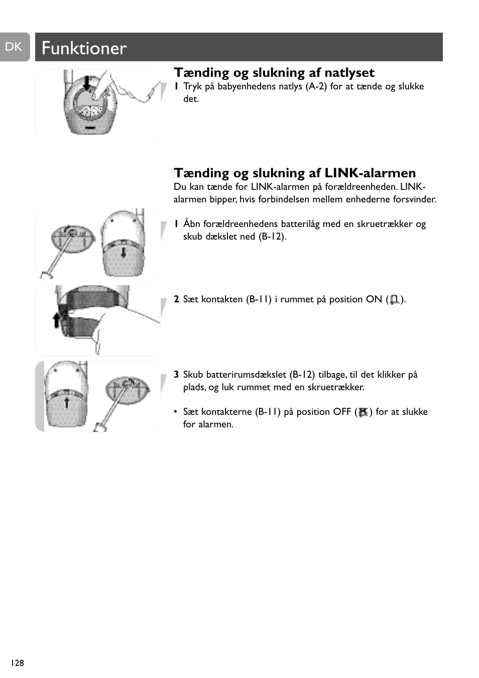 Funktioner, Tænding og slukning af natlyset, Tænding og slukning af link-alarmen | Philips SBCSC465 User Manual | Page 128 / 173