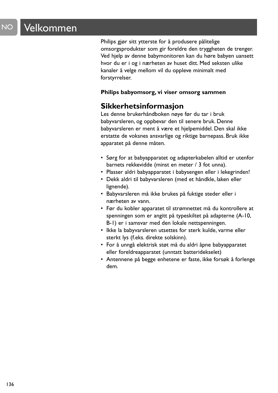 Velkommen, Sikkerhetsinformasjon | Philips SBCSC465 User Manual | Page 136 / 173