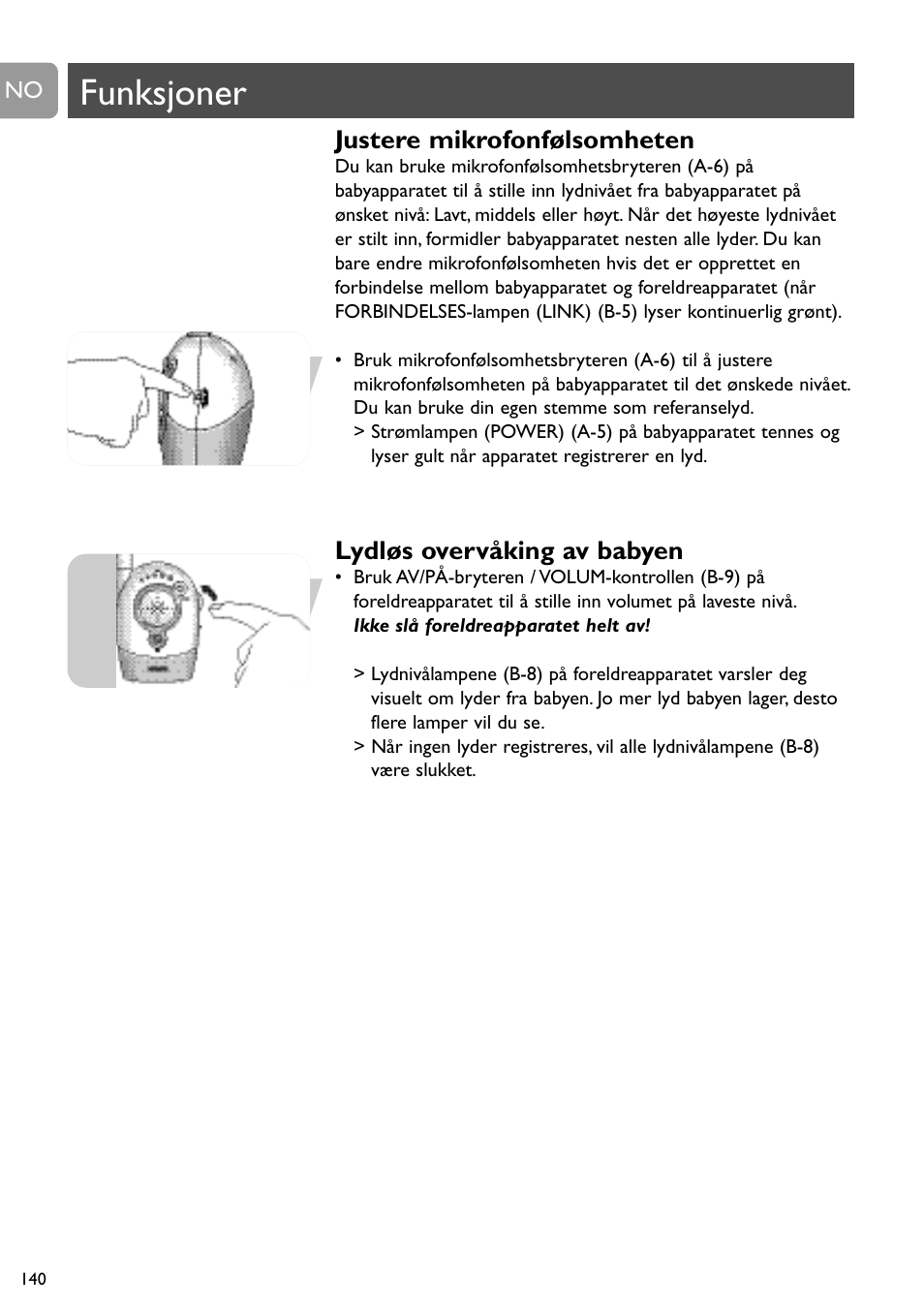 Funksjoner, Justere mikrofonfølsomheten, Lydløs overvåking av babyen | Philips SBCSC465 User Manual | Page 140 / 173