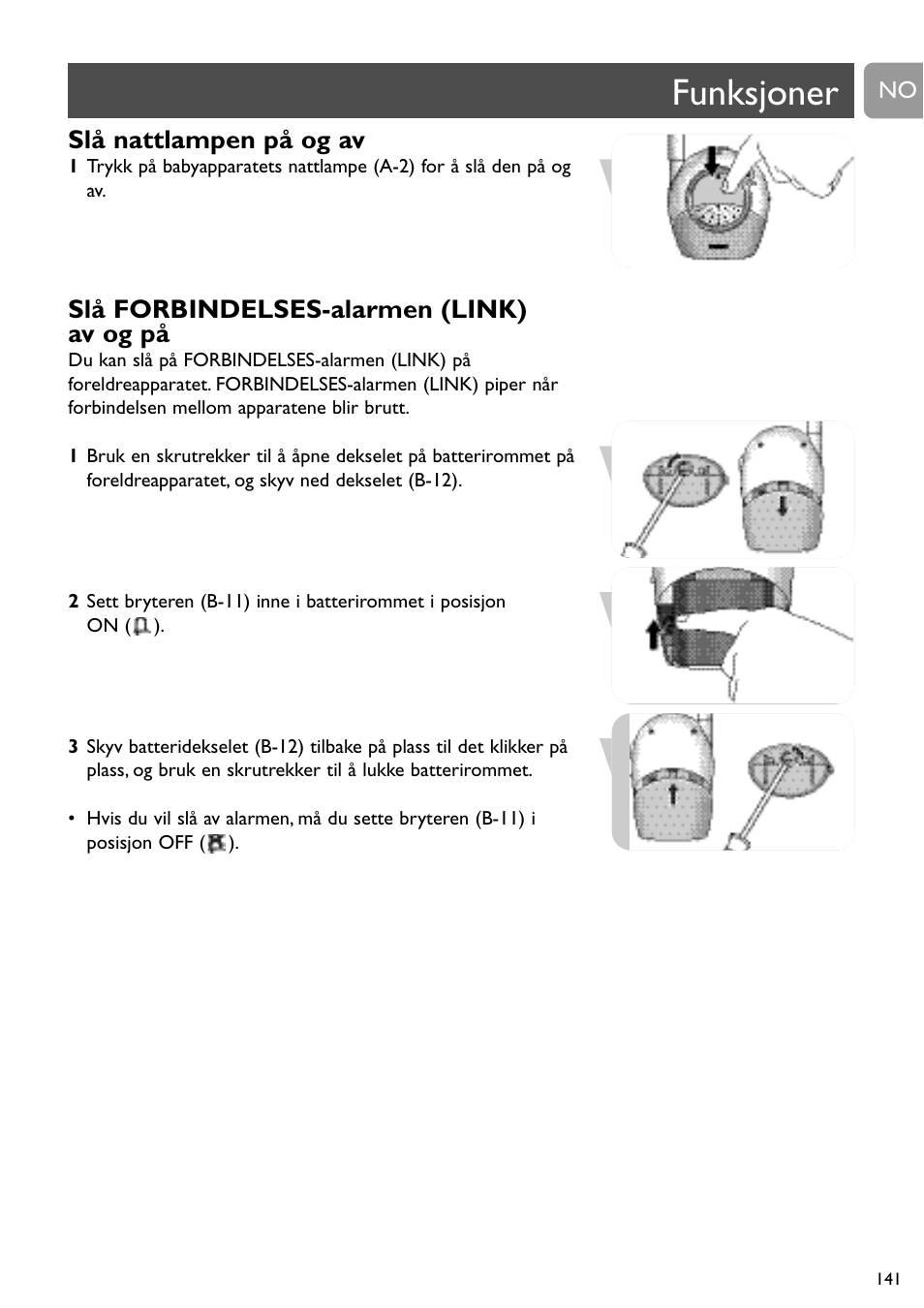 Funksjoner, Slå nattlampen på og av, Slå forbindelses-alarmen (link) av og på | Philips SBCSC465 User Manual | Page 141 / 173