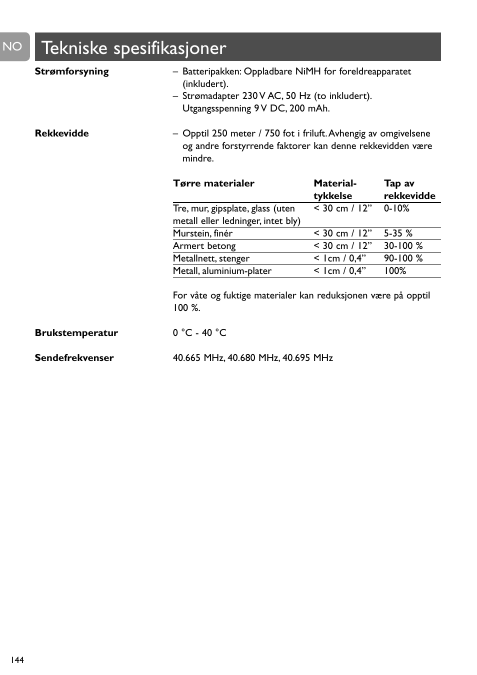 Tekniske spesifikasjoner | Philips SBCSC465 User Manual | Page 144 / 173