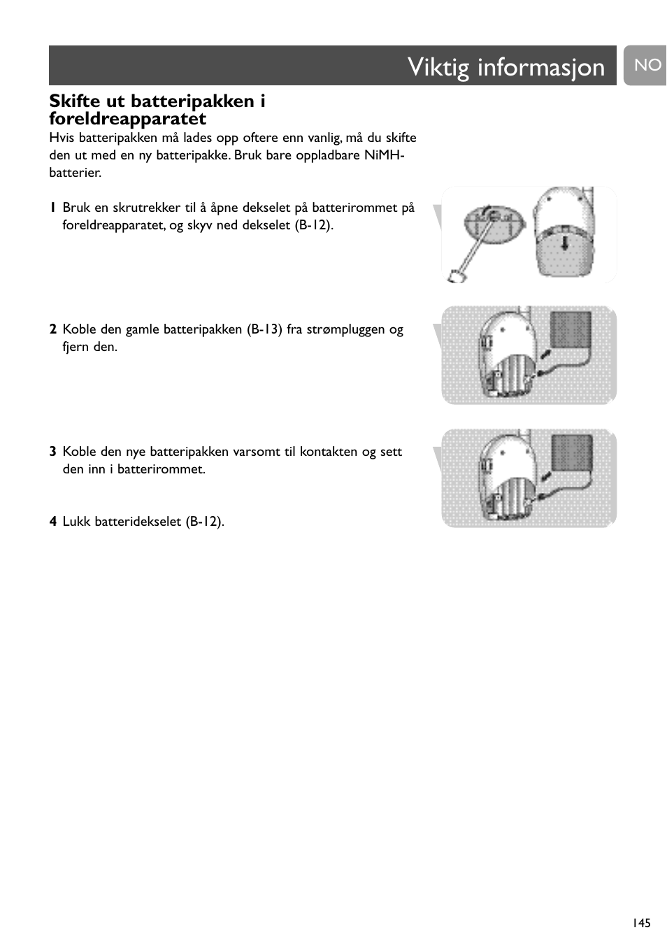 Viktig informasjon, Skifte ut batteripakken i foreldreapparatet | Philips SBCSC465 User Manual | Page 145 / 173