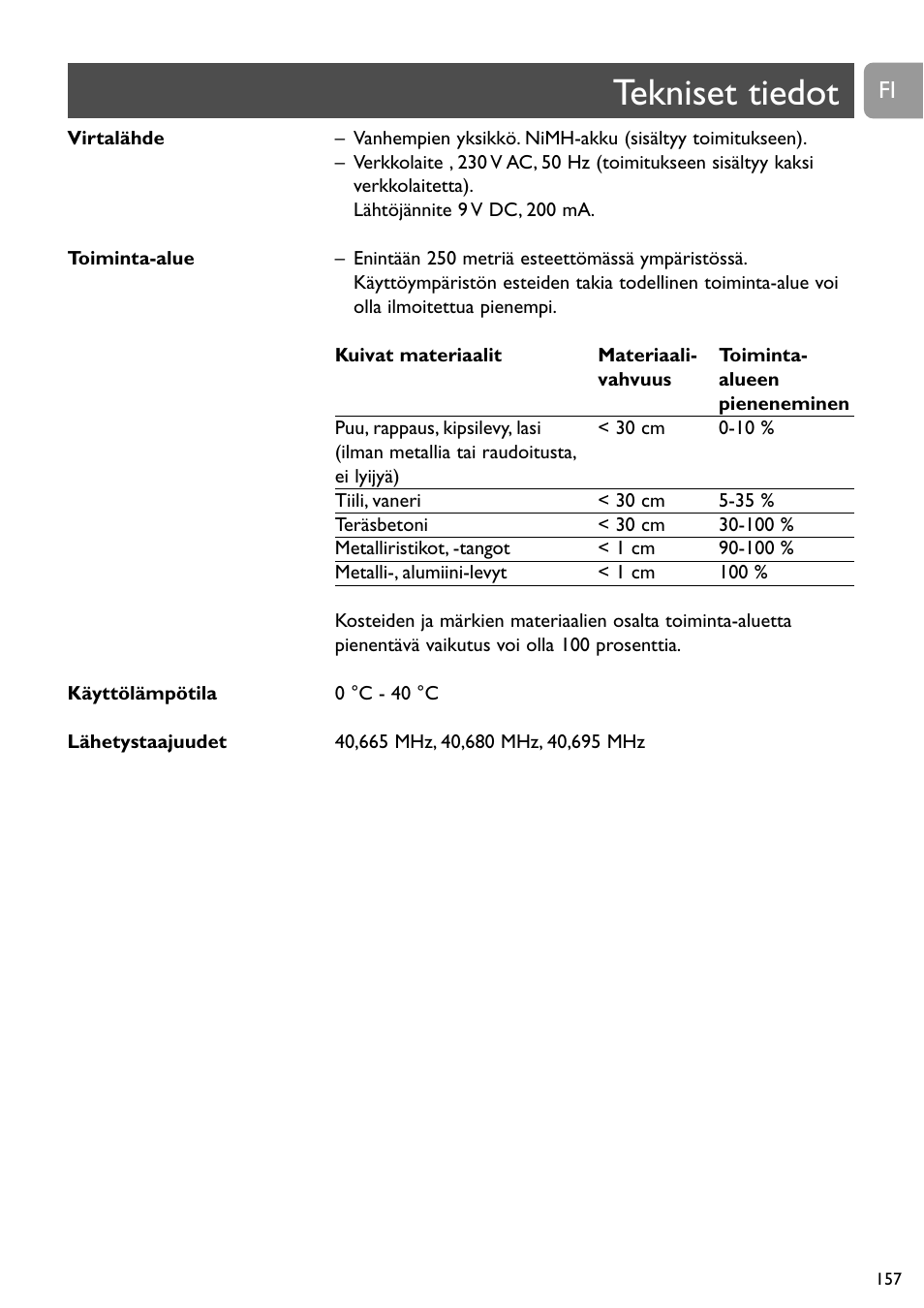 Tekniset tiedot | Philips SBCSC465 User Manual | Page 157 / 173