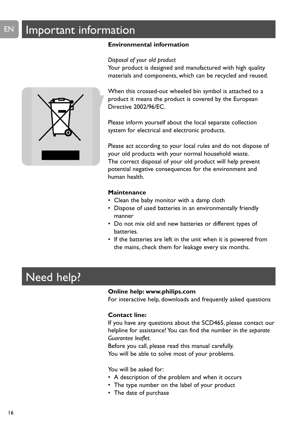 Important information, Need help | Philips SBCSC465 User Manual | Page 16 / 173