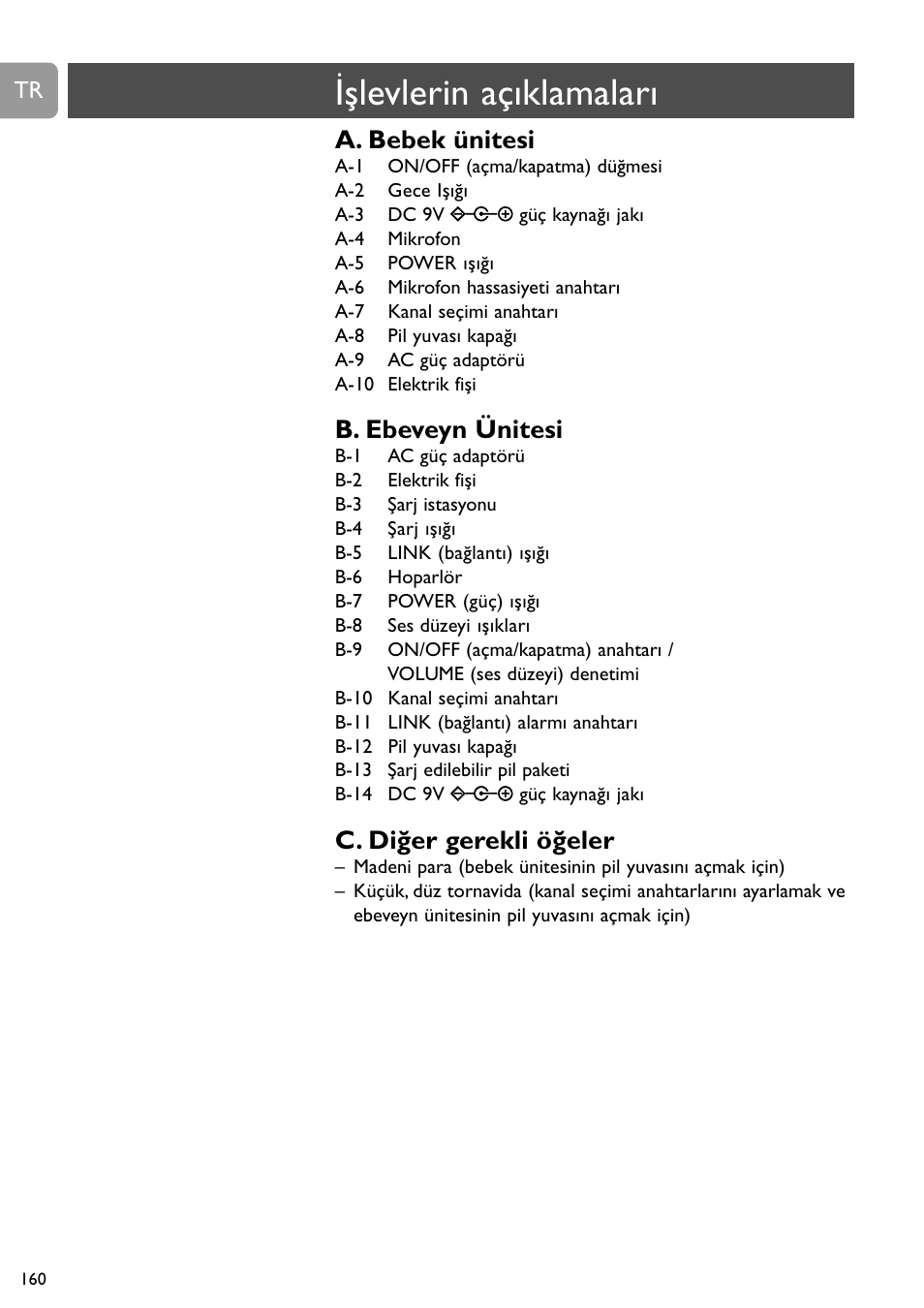 Işlevlerin açıklamaları, A. bebek ünitesi, B. ebeveyn ünitesi | C. diğer gerekli öğeler | Philips SBCSC465 User Manual | Page 160 / 173