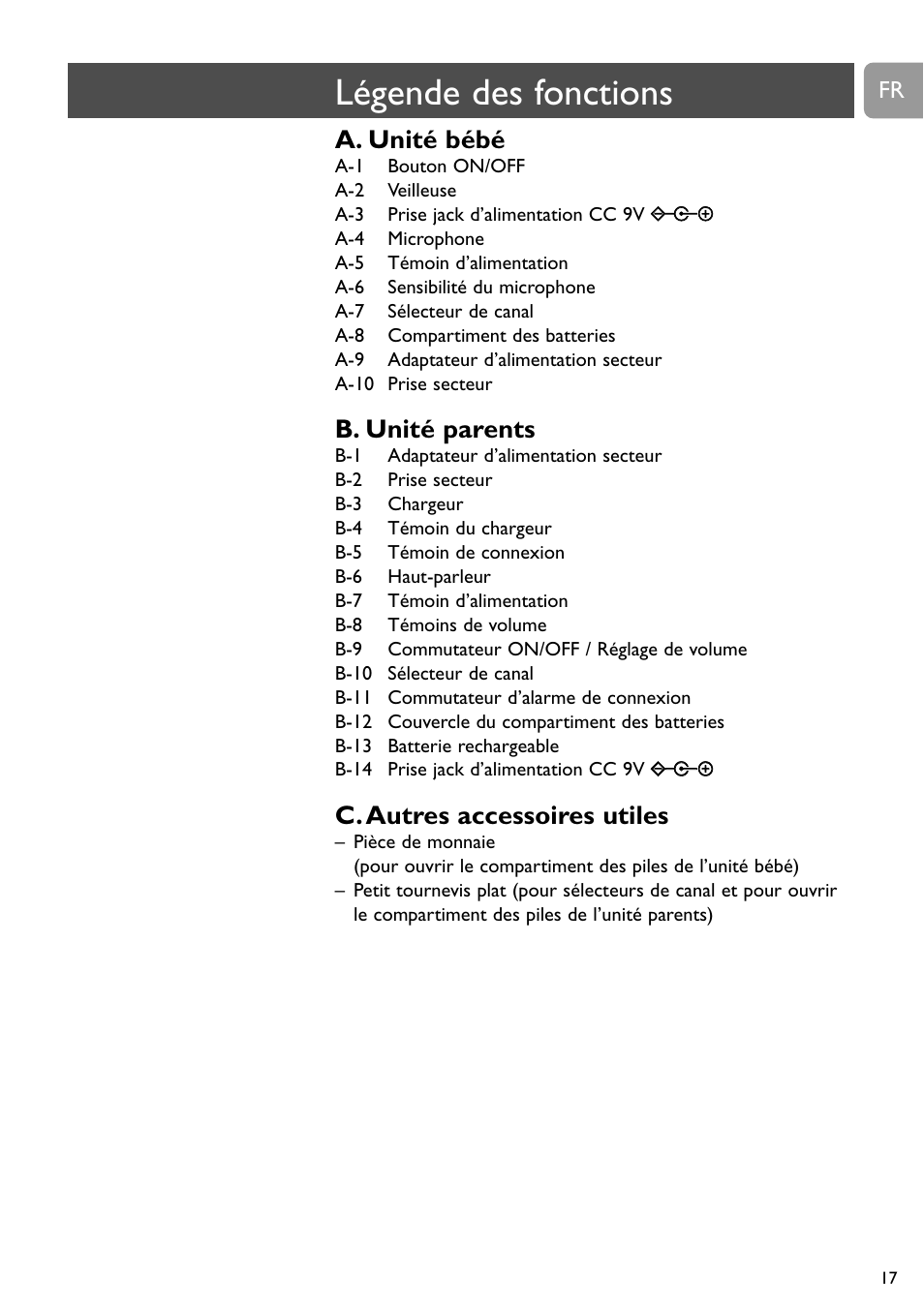 Légende des fonctions, A. unité bébé, B. unité parents | C. autres accessoires utiles | Philips SBCSC465 User Manual | Page 17 / 173