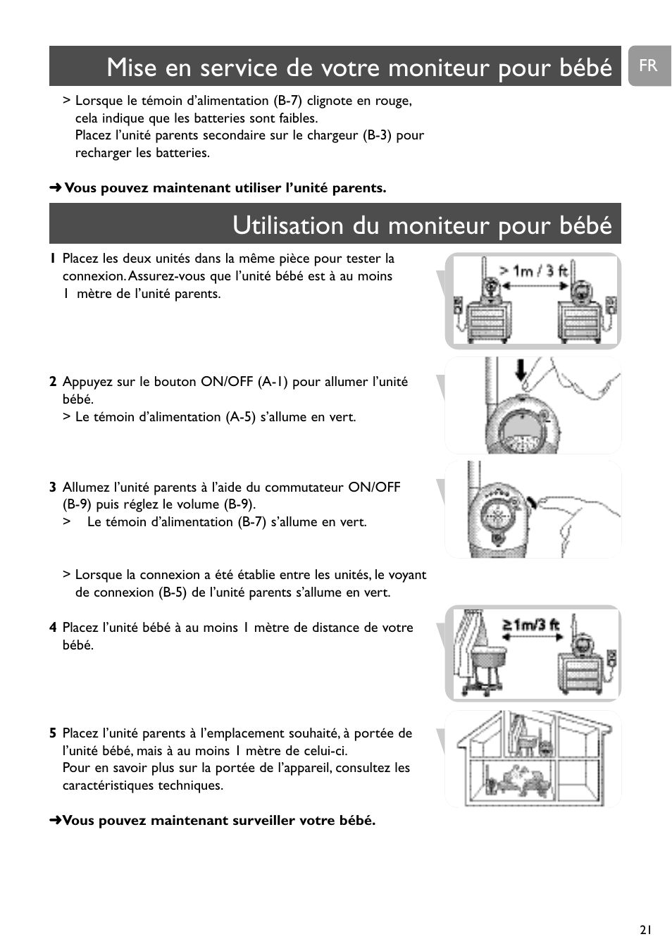 Mise en service de votre moniteur pour bébé, Utilisation du moniteur pour bébé | Philips SBCSC465 User Manual | Page 21 / 173